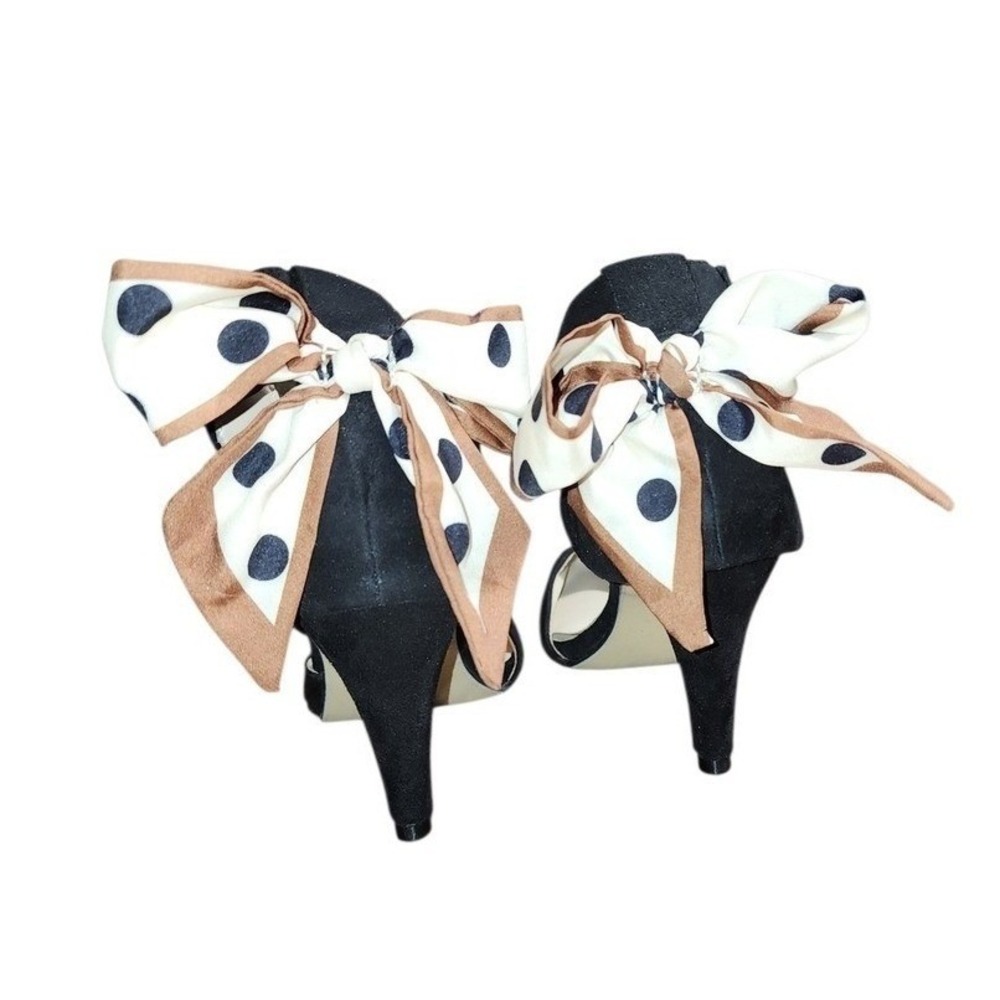 D'Orsay Pumps Women 40 Black Faux Suede Polka Dot Scarf Bow Stiletto Heels Chic - Picture 2 of 7